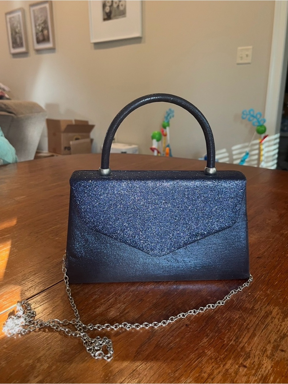 Elegant Navy Glitter Top-Handle Evening Bag